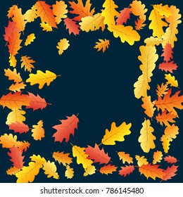 Frame of oak leaf abstract background seasonal vector illustration. Autumn leaves falling graphic design. Fall season specific border frame vector background. Oak tree autumn foliage on dark blue.