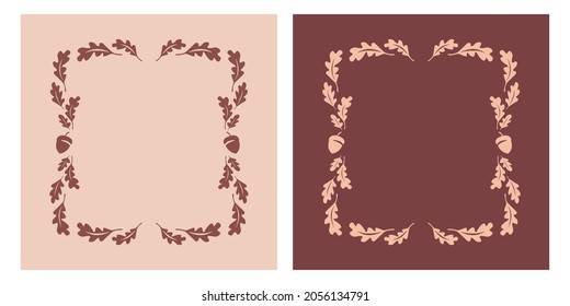 Frame with oak leaves and acorn. Autumn wreath. Graphic design templates for logo, labels, voucher, coupon, poster and badges. Vector illustration.