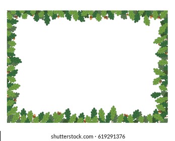 Frame of oak leaves and acorns isolated on white background. Vector border. Card.
