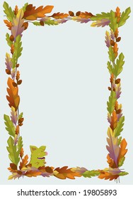 a frame of oak leaves and acorns  with a little yellow-green piglet