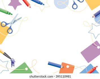 Frame of office supplies, pencils, scissors, markers, brushes, sticker. Vector illustration.