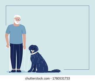 
Frame with an old man and a guide dog. Portuguese aquatic dog with his master. Happy pet and dog handler. Flat vector illustration.