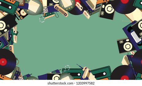 Frame from old retro hipster electronics, mobile phones, TV, tape recorder, player, audio cassettes, VCR, game console, camera, computer. The background. Vector illustration.