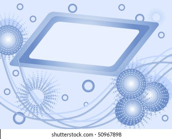 The frame on an abstract blue background of the spheres and rings.