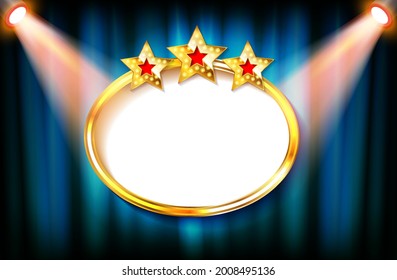 Frame on the background of a blue curtain in searchlights. Vector illustration