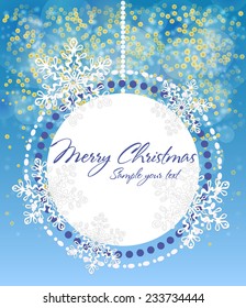Frame on the background of Christmas tree ball and snowflakes on blue
