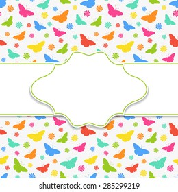 Frame on background with multicolored butterflies pattern. Vector illustration.