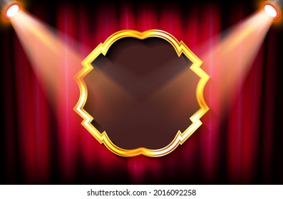 Marco sobre el fondo de una cortina roja en focos reflectores. Ilustración del vector