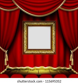Marco sobre el fondo de las cortinas del teatro rojo. Mesh.EPS10.Clipping Mask.Este archivo contiene transparencia.