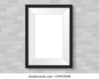 Frame on brick wall. Black picture frame mock up. Empty simple vector framing for presentation your illustrations, drawings, paintings, posters or photos.