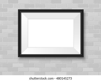 Frame on brick wall. Black horizontal picture frame mock up. Empty simple vector framing for presentation your illustrations, drawings, paintings, posters or photos.