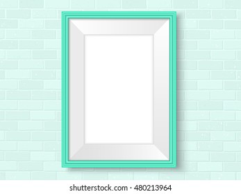 Frame on brick wall. Green photoframe mock up. Empty frame for modern interior design. Isolated vector illustration. Realistic vector template for posters, paintings, or photos.