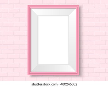 Frame on brick wall. Pink photoframe mock up. Empty frame for modern interior design. Isolated vector illustration. Realistic vector template for posters, paintings, or photos.