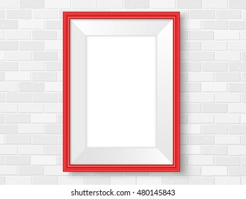 Frame on brick wall. Red photoframe mock up. Empty frame for modern interior design. Isolated vector illustration. Realistic vector template for posters, paintings, or photos.