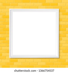 Frame on brick wall. Square photoframe. Yellow bricks background. Place for text. Vector empty mock up for pictures, logos, paintings or posters.