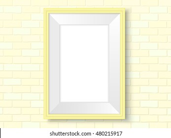 Frame on brick wall. Yellow photoframe mock up. Empty frame for modern interior design. Isolated vector illustration. Realistic vector template for posters, paintings, or photos.