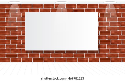 Frame on a brick wall for your advertisement. Illuminated. Mock up. Vector illustration.