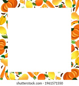 Frame on a card with fruits and vegetables. Colorful border with fresh pumpkin, apples and pears, citrus fruits and carrots. For use in menus, napkins, records, restaurants and cafes, print prints and