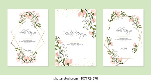 Frame On Flower Background. Wedding Invitation, Modern Card Design. Geometric Golden Frame Print. Eps 10.