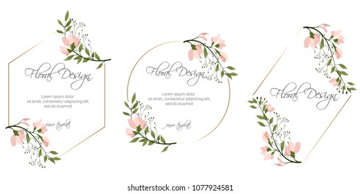 Frame On Flower Background. Wedding Invitation, Modern Card Design. Geometric Golden Frame Print. Eps 10.