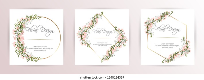 Frame on flower background. Wedding Invitation, modern card Design. geometric golden frame print. eps 10.