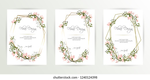 Frame on flower background. Wedding Invitation, modern card Design. geometric golden frame print. eps 10.