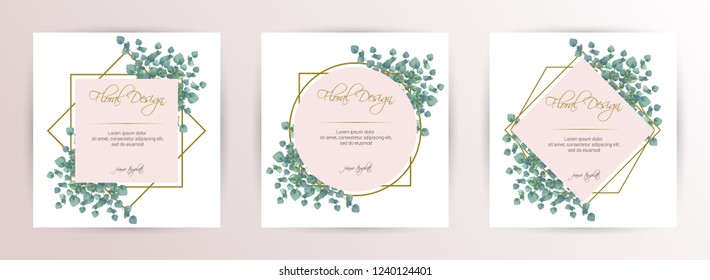 Frame on flower background. Wedding Invitation, modern card Design. geometric golden frame print. eps 10.