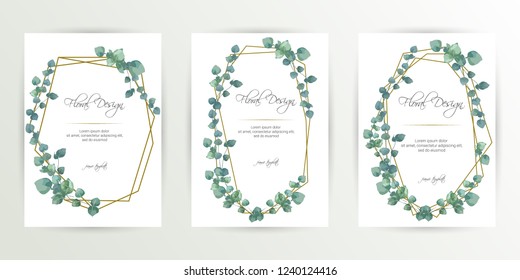 Frame on flower background. Wedding Invitation, modern card Design. geometric golden frame print. eps 10.