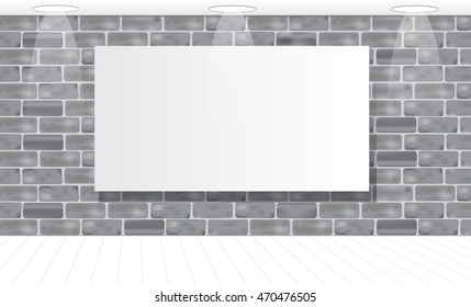 Frame on a gray brick wall for your advertisement. Illuminated. Mock up. Vector illustration.