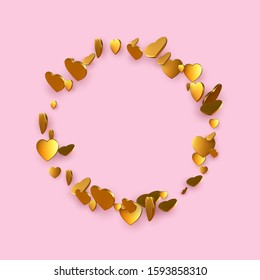 Frame on pink background with 3d golden metallic hearts. Decorative element for Valentines day, wedding, holiday design. Copy space. Vector illustration.