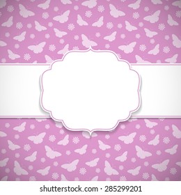 Frame on a pink background with butterflies pattern. Vector illustration.