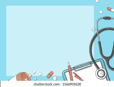 Frame on the theme of health. Medical equipment, notebook and tablets on a blue background. Space for your text. Colorful vector illustration in sketch style. Template. Mock up.