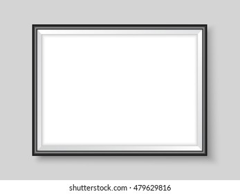 Frame on the wall. Photoframe mock up. Vector empty black frame for your design. Simple template for horizontal picture, painting, poster or photo.