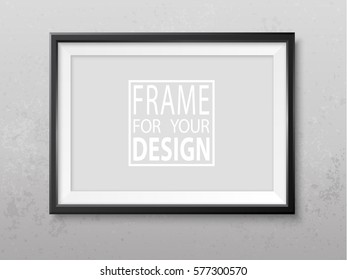 Frame On The Wall. Photoframe Mock Up. Grey Grunge Wall. Simple Elegant Empty Framing For Your Design. Vector Template For Picture, Painting, Poster, Lettering Or Photo Gallery.