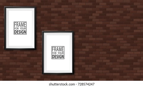 Frame on the wall. Photoframe mock up. Simple empty framing for your business design. Brick wall. Vector template for picture, painting, poster, lettering or photo gallery.