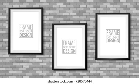 Frame on the wall. Photoframe mock up. Simple empty framing for your business design. Brick wall. Vector template for picture, painting, poster, lettering or photo gallery.