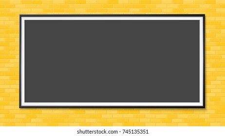 Frame on the wall. Photoframe mock up. Simple empty framing for your business design. Brick wall. Vector template for picture, painting, poster, lettering or photo gallery.