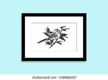 Frame on Wall with Picture Bird on Branch. Engraving Linocut Style. Vector illustration