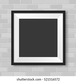 Frame on the wall. Square photo frame mock up. Black framing on grey bricks background. Vector empty frame for your design. Template for picture, painting, poster or photo.