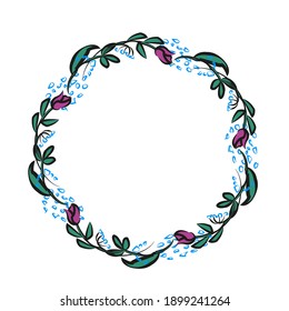 frame on a white background of pink tulip buds and green leaves with a black outline. Stock vector illustration

