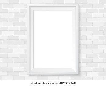 Frame on white brick wall. Photoframe mock up. Empty frame for modern interior design. Isolated vector illustration. Realistic vector template for posters, paintings or photos.