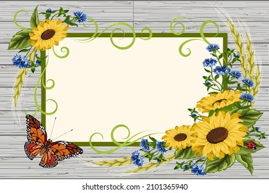 Frame on a wooden background with flowers.Colored vector illustration with sunflowers, cornflowers, ears and insects on a wooden background with a frame.