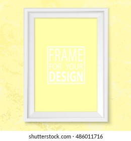 Frame on yellow grunge wall. White photoframe mockup. Modern trendy empty framing for your design. Vector picture frame template for painting, drawing, poster, quote or photo.