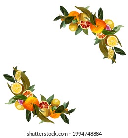Frame of orange branches. Vector border for lemonade labels, summer designs, summer cafes, summer menus, banner ad. Corner of orange branches. Vector template