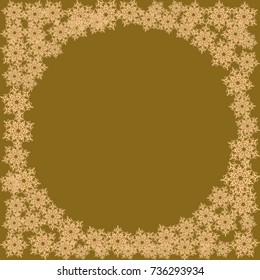 Frame of orange snowflakes on a brown background
