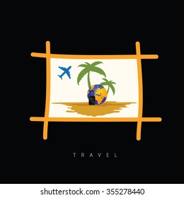 frame in orange with travel illustration on black background
