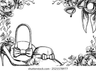 A frame with orchid flowers and women's accessories, a handbag, a hat, women's high-heeled shoes, a bandana, glasses. Black and white vector graphics made by hand. Illustrations on a white background.