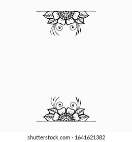Frame of oriental mehndi elements with copy space. Hand-drawn outline flowers in indian henna tattoo style for banners, cards, social networks template. Stock vector illustration isolated.