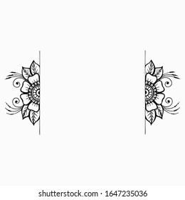 Marco de elementos mehndi orientales con espacio para copiar. Flores dibujadas a mano en estilo tatuaje de henna india para carteles, tarjetas, plantilla de redes sociales. Ilustración vectorial de material aislada.