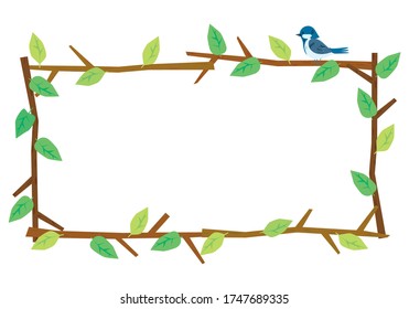 Frame, ornament composed of tree branches and leaves. A cute bird has stopped. Image illustration of nature. Applications such as title back.